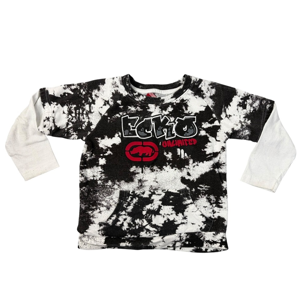 Ecko Unltd Shirt Kids Black White Tie Dye Double Layer Sleeve Rhino Logo Graphic